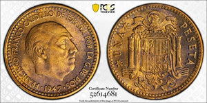 1947 (54) Spain 1 Peseta PCGS MS63 Lot#G718 Choice UNC!