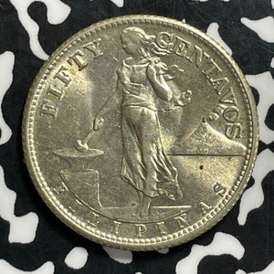 1944-S U.S. Philippines 50 Centavos Lot#C0707 Silver! High Grade! Beautiful!