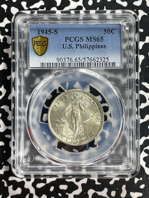 1945-S U.S. Philippines 50 Centavos PCGS MS65 Lot#G781 Silver! Gem BU!
