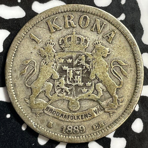 1889 Sweden 1 Krone Lot#E4352 Silver!