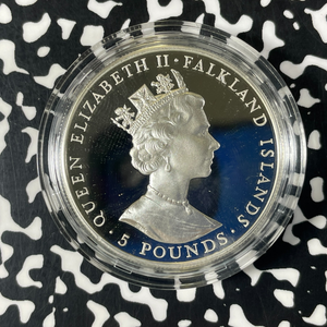 1990 Falkland Islands Queen Mother 90th 5 Pounds Lot#B2600 Silver! W/ Case & COA