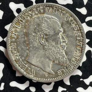 1914-F Germany Wurttemberg 3 Mark Lot#JM9859 Silver! Nice!