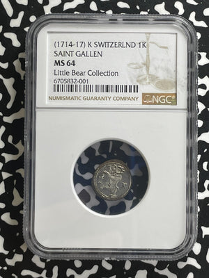 (1714-17)-K Switzerland St. Gallen 1 Kreuzer NGC MS64 Lot#WG12 Little Bear Coll.