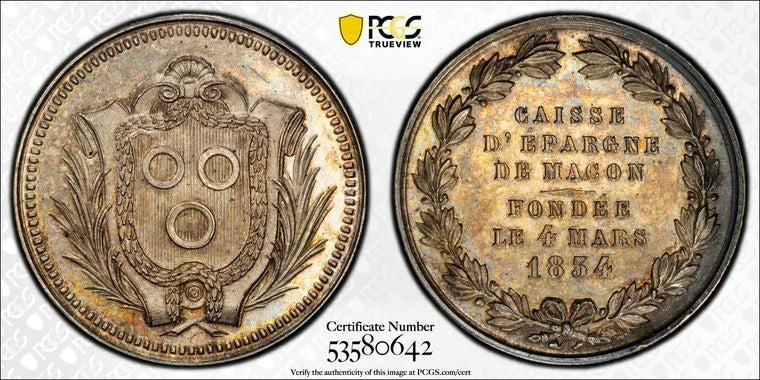 "1834" (1880-DT) France Macon Savings Bank Jeton PCGS MS63 Lot#G2264 Silver!
