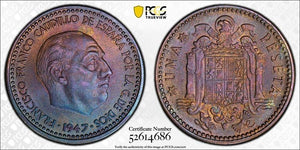 1947 (52) Spain 1 Peseta PCGS MS64 Lot#G722 Choice UNC! Beautiful Toning!