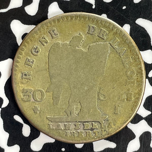 1791-I France 30 Sols Lot#C1137 Silver! Scarce!