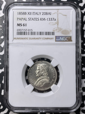 1858-B Papal States 20 Baiocchi NGC MS61 Lot#G9030 Silver! Top Graded! KM#1337a