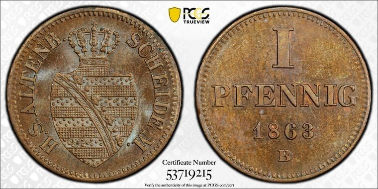 1863-H Germany Saxe-Altenburg 1 Pfennig PCGS MS64BN Lot#G3661 Top Graded!