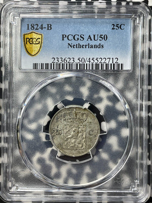 1824-B Netherlands 25 Cents PCGS AU50 Lot#G8754 Silver!