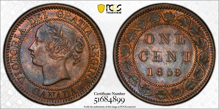 1859 Canada Large Cent PCGS MS62BN Lot#G2150 Nice UNC! Narrow '9'