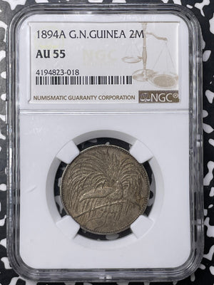 1894-A German New Guinea 2 Mark NGC AU55 Lot#MK129 Silver!