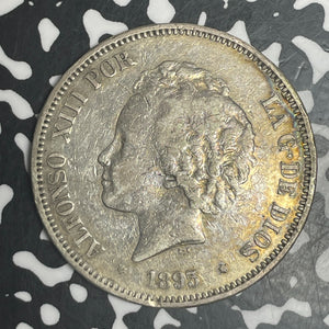 1893 Spain 5 Pesetas Lot#T6138 Large Silver Coin!