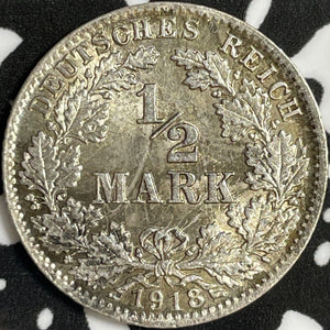1918-D Germany 1/2 Mark Half Mark Lot#D6993 Silver! High Grade! Beautiful!