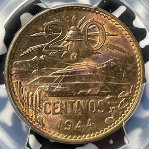 1944-Mo Mexico 20 Centavos PCGS MS63RB Lot#G7709 Beautiful Toning! Choice UNC!