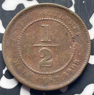 1908 Straits Settlements 1/2 Cent Half Cent Lot#T8918