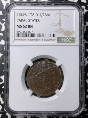 1829-R Papal States 1/2 Baiocco NGC MS62BN Lot#G9022 Nice UNC!