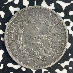 1876-K France 5 Francs Lot#T8487 Large Silver Coin!