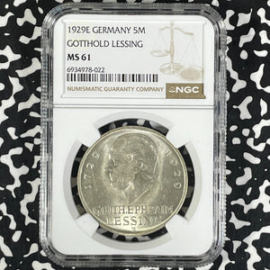 1929-E Germany Lessing 5 Mark NGC MS61 Lot#G9927 Silver! Nice UNC! 12,000 Minted