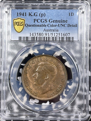 1941-K.G P Australia 1 Penny PCGS Questionable Color-UNC Detail Lot#G9195 Scarce