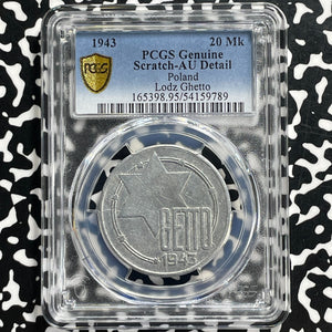 1943 Poland Lodz Ghetto 20 Mark PCGS Scratch-AU Detail Lot#G1052 Very Scarce!