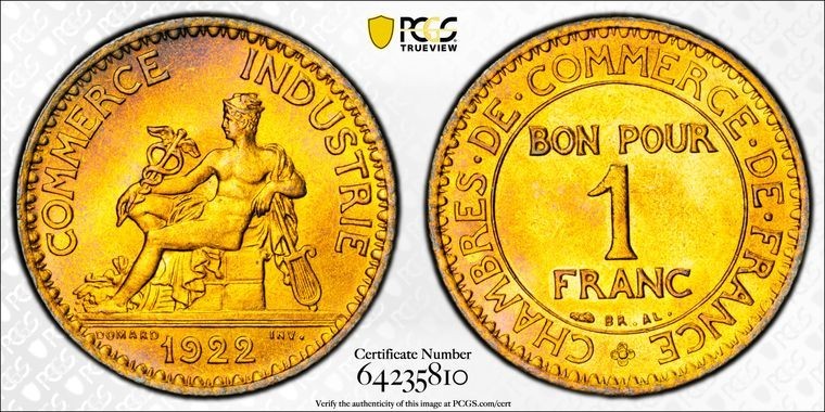 1922 France 1 Franc PCGS MS66 Lot#G4023 Gem BU! F-218, Gad#468