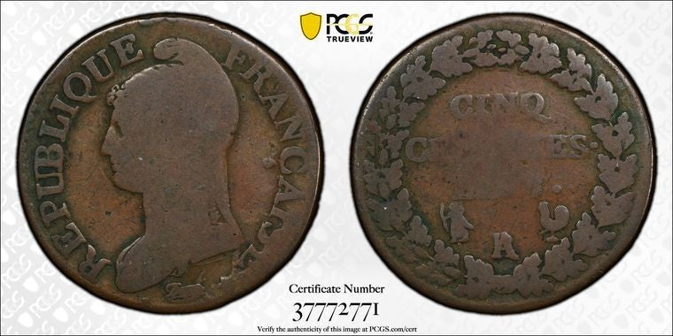 AN 7/5 (1798)-A/R France 5 Centimes PCGS G4 Lot#G2140 Gad-126, F#115