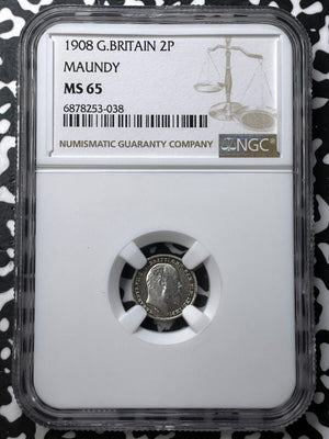 1908 G.B. Maundy 2 Pence Twopence NGC MS65 Lot#G7185 Silver! 15,000 Minted