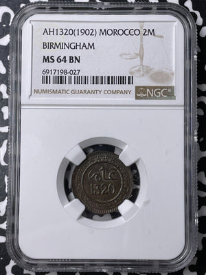 AH 1320 (1902-Birmingham) Morocco 2 Mazunas NGC MS64BN Lot#G9486 Top Graded!