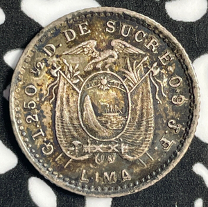 1905-JF Ecuador 1/2 Decimo Half Decimo Lot#E1442 Silver! High Grade! Beautiful!