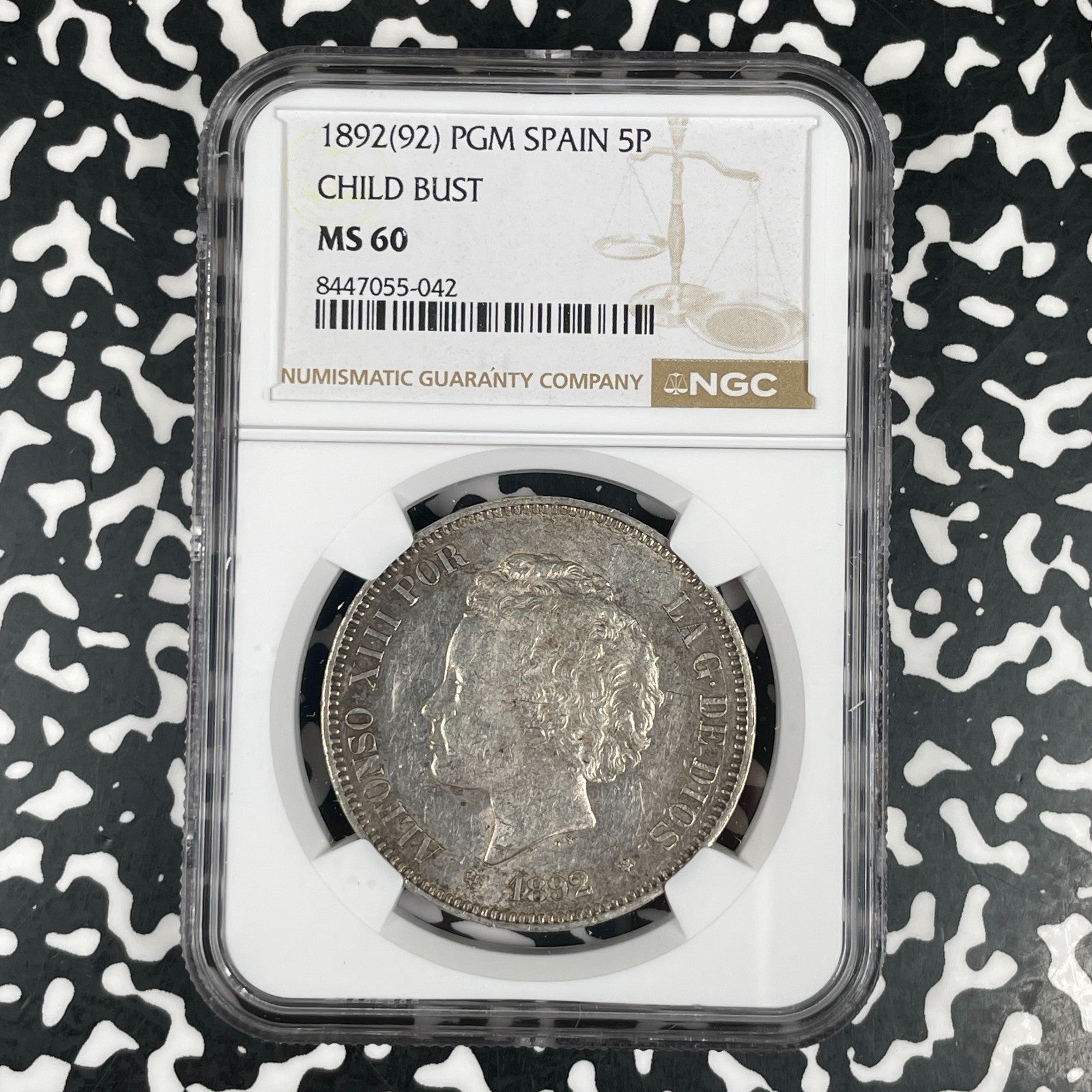 1892 (92) Spain 5 Pesetas NGC MS60 Lot#G3601 Large Silver! KM#700 Child Bust