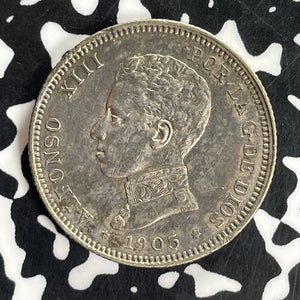 1905 Spain 2 Pesetas Lot#C1036 Silver! Nice!