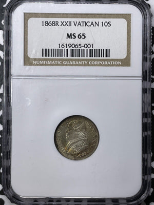 1868-R Vatican City 10 Soldi NGC MS65 Lot#G7023 Silver! Gem BU!