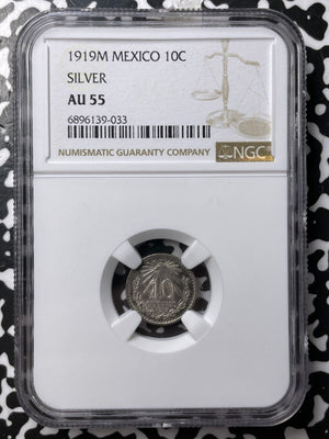 1919-M Mexico 10 Centavos NGC AU55 Lot#G8070 Silver!