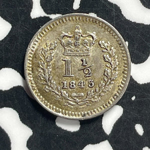 1843 G.B. Victoria 1 1/2 Pence Lot#JM9606 Silver! High Grade! Beautiful!