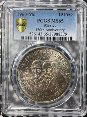 1960-Mo Mexico 10 Pesos PCGS MS65 Lot#G8678 Silver! Beautiful Toning!