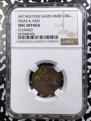 AH 1343 (1924) Saudi Arabia Hejaz & Nejd 1/4 Qirsh NGC Cleaned-UNC Det Lot#G9100