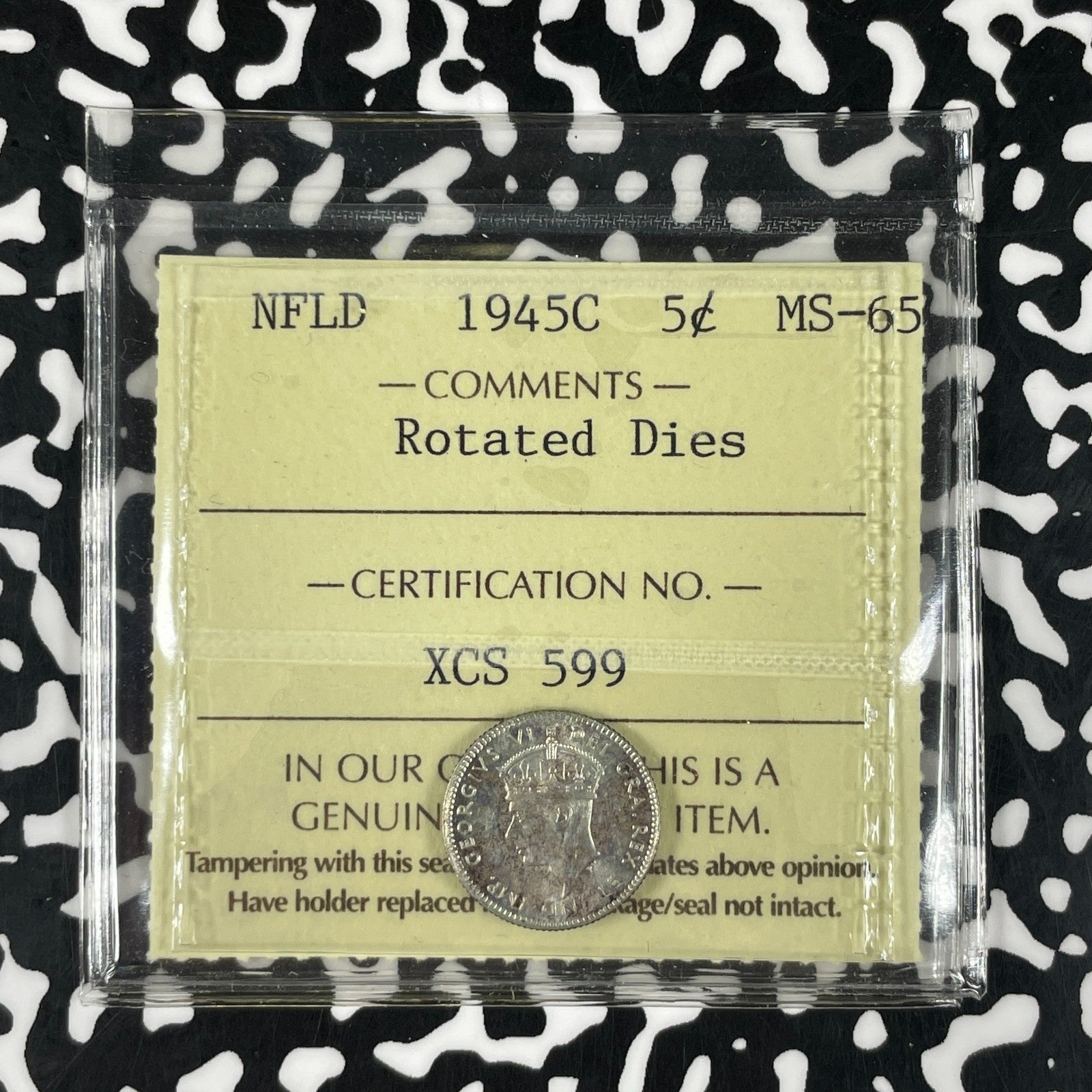 1945-C Newfoundland 5 Cents ICCS MS65 Lot#OV1938 Silver! Gem BU! Rotated Dies