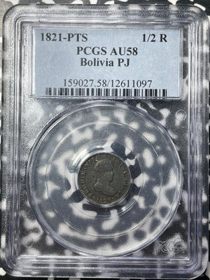 1821-PTS PJ Bolivia 1/2 Real PCGS AU58 Lot#G8867 Silver!