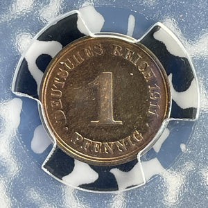 1911-F Germany 1 Pfennig PCGS PR64RB Lot#G1085 Proof! Choice UNC! Scarce!