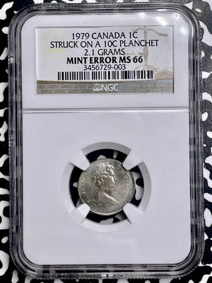 1979 Canada Small Cent Struck On 10 Cent Planchet Error NGC MS66 Lot#G9790 2.1 G