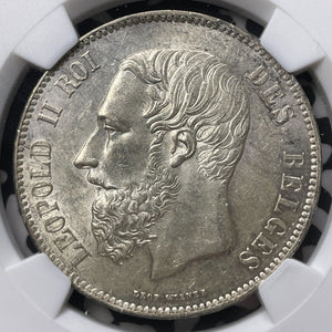 1870 Belgium 5 Francs NGC MS62 Lot#G8801 Large Silver! Nice UNC!