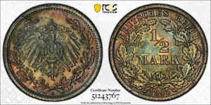 1905-A Germany 1/2 Mark PCGS MS65 Lot#G9342 Silver! Beautiful Toning! J-16