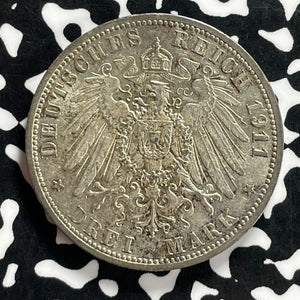 1911-A Germany Prussia 3 Mark Lot#JM9862 Silver! Nice!