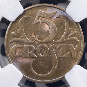 1938 Poland 5 Groszy NGC MS65BN Lot#G9154 Gem BU!