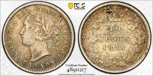 1871-H Canada 10 Cents PCGS AU50 Lot#G7296 Silver!