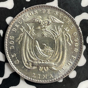 1914-LIMA Ecuador 2 Decimos Lot#T0863 Silver! High Grade! Beautiful! KM#51.3