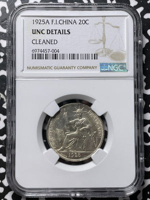 1925-A French Indo-China 20 Centimes NGC Cleaned-UNC Details Lot#G7473 Silver!