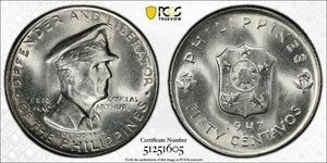 1947-S Philippines MacArthur 50 Centavos PCGS MS65 Lot#G9193 Silver! Gem BU!