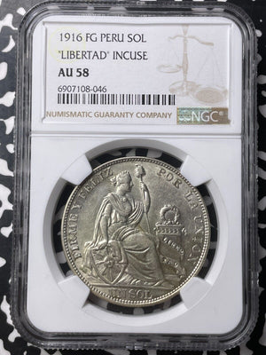 1916-FG Peru 1 Sol NGC AU58 Lot#G9013 Large Silver! Incuse 'Libertad'