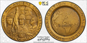 1931 France Paris Colonial Expo. Honor To Veterans Medal PCGS SP64 Lot#GV8581